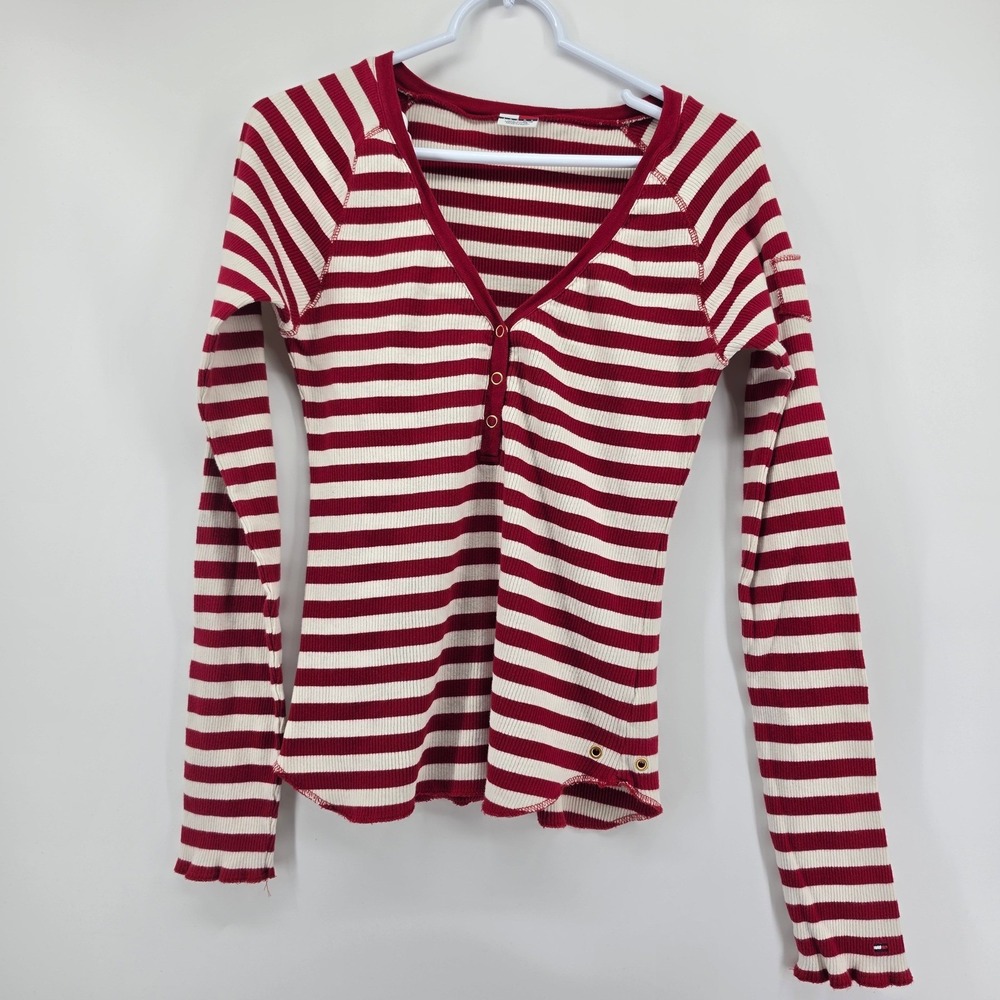 Vintage Tommy Hilfiger Jeans Y2K Red White Striped Ribbed Henley Top XL 2003